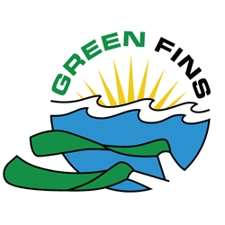 greeen-fin (1) Circular logo with stylized blue waves, a yellow sunburst, the words "GREEN FINS" arcing at top, and two green coral- or ribbon-like shapes across the bottom.