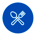 Meals and Drinks White spoon and fork crossed inside a blue circular button with a thin white border.