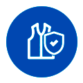 equipment sefy Blue circular icon showing outline of two bottles and a shield with a checkmark, indicating product safety or protection.