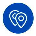 multi location Two overlapping map pin icons inside a blue circular badge with a white border