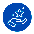 reputation Hand holding a glowing star with sparkles inside a blue circular badge, symbolizing reward or achievement