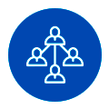 small group Blue circular icon showing a white network diagram with one central user connected to three smaller users.